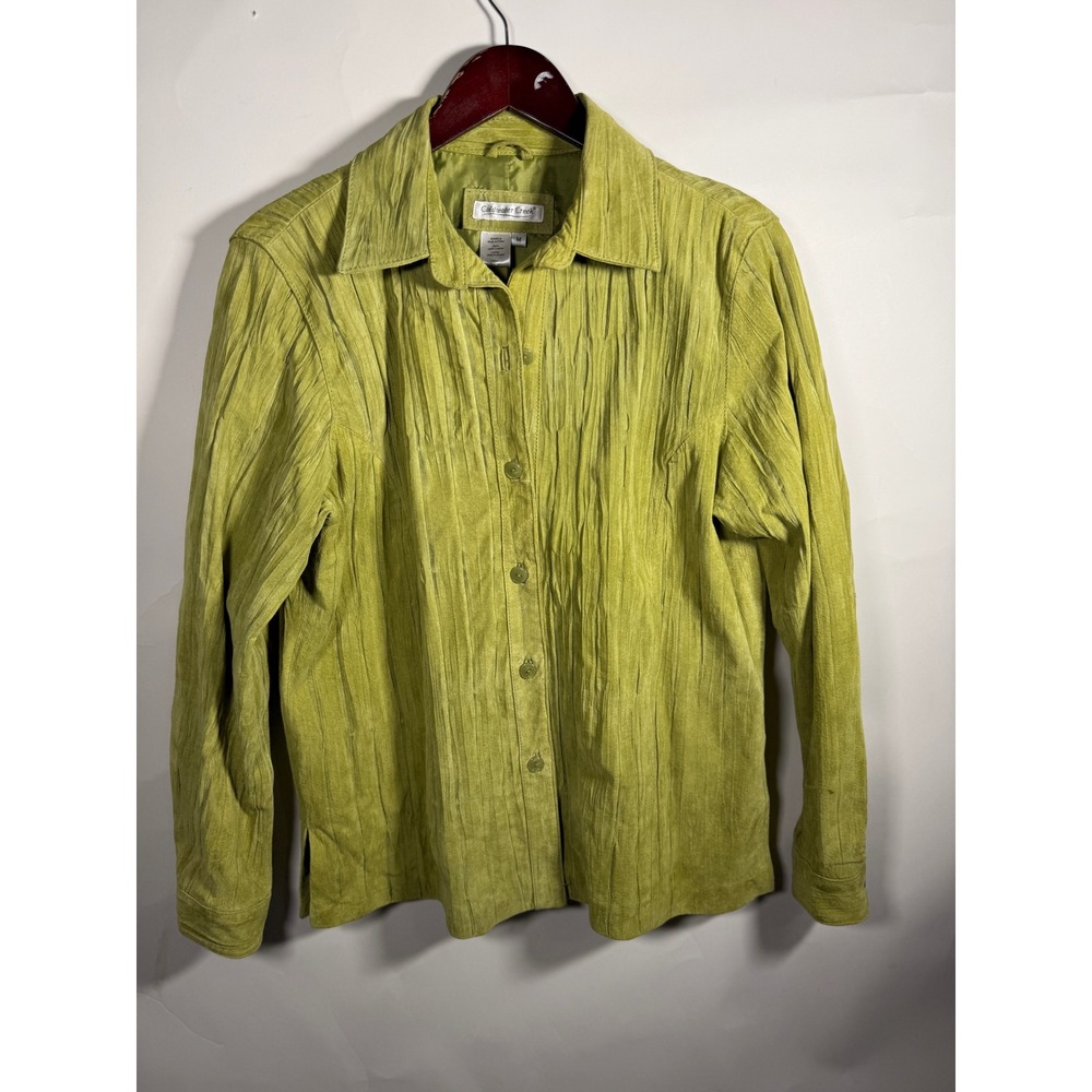 Coldwater Creek Lime Green Crinkle Leather Button Front Shirt Jacket Womens M